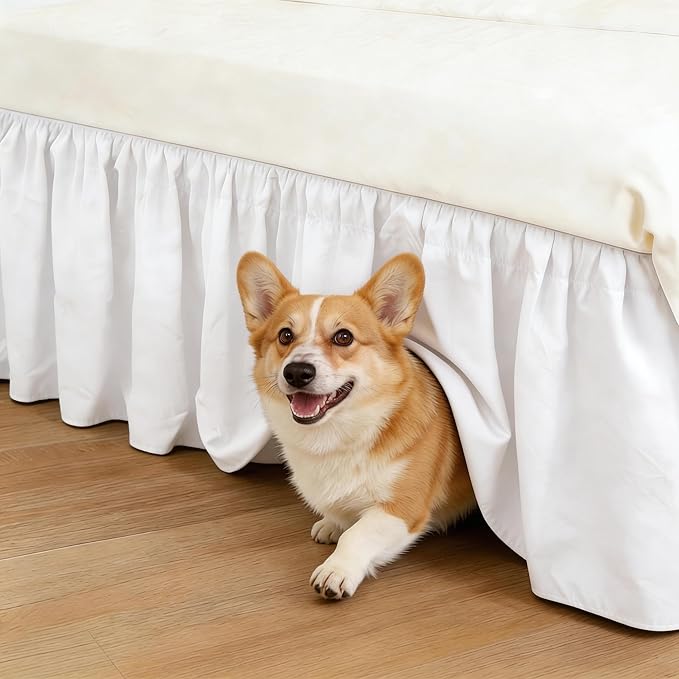 RIMELA White Bed Skirt Queen Size 12 Inch Drop, Wrap Around Elastic Adjustable Bedskirt, Bed skirting Dust Ruffle for Bed Frame & Box Spring Soft Durable Fabric Machine Washable Easy to Install