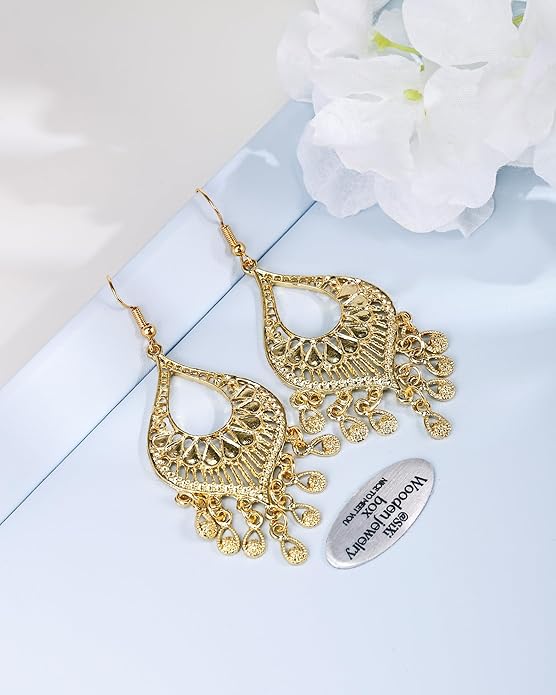 Silver 14K Gold & Rose Gold Plated Boho Chandelier Earrings – Intricate Bohemian Earrings with Filigree and Tassel Earrings for Women Trendy