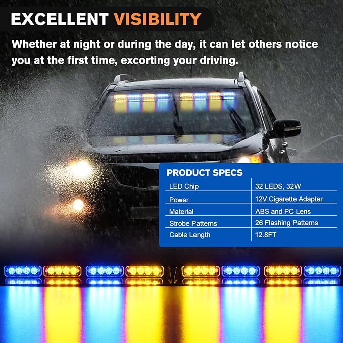 Nilight 32LED Amber Blue Emergency Dash Strobe Lights with Controller | Suction Cups Warning Hazard Interior Front/Rear Windshield Deck Split Light Bar for Trucks Construction Vehicles