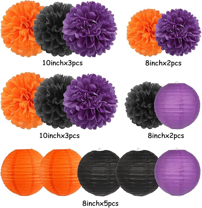 Purple-Orange Black Party-Decorations Paper-Flowers Lanterns - 15PCS Halloween Tissue Pom Poms Streamers,Vintage Birthday Retro Baby Bridal Shower Wedding Bachelorette Hanging Supplies Decor Hugfond