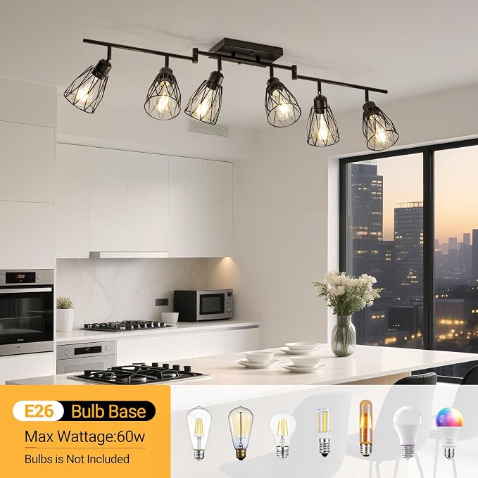 6-Light Plug in Track Lighting with Power Cord, Black (No Bulbs) | Plug in Ceiling Light Flush Mount, LED Track Lighting Fixtures for Kitchen Farmhouse, E26 Track Light Kit with Metal Cage