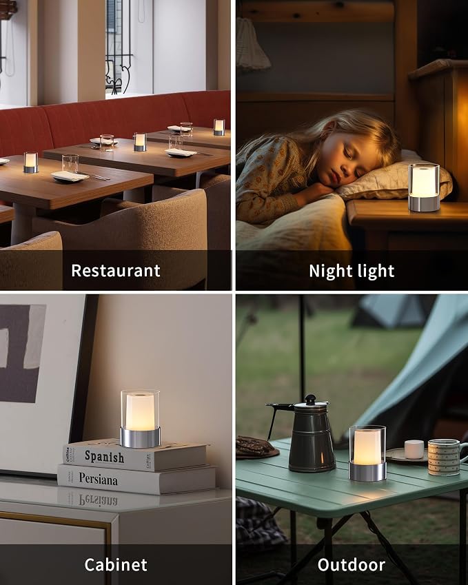 4" Chrome Cordless Table Lamp 2 Pack, Outdoor Rechargeable Lamp | LED, Battery Operated, Portable, Touch Night Light for Dining Room, Camping, Bar, Party, Bedside, Bedroom, Home Decor, Gift