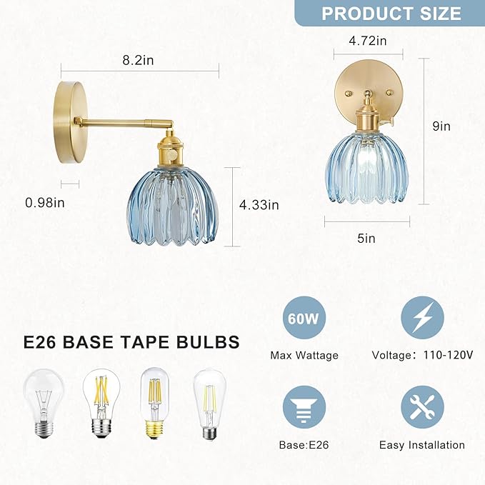Wall Sconces Set of Two Hardwired, Vintage Sconce Light with Tulip Denim Blue Glass Lampshade, Bathroom Wall Lights with Switch, Gold Wall Light Sconces Wall Decor Set of 2