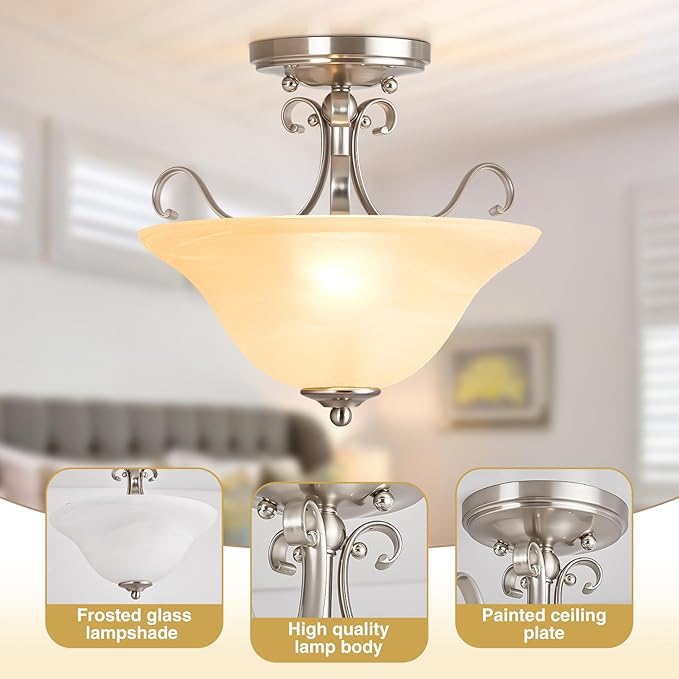 Luvkczc 12" Semi Flush Mount Ceiling Light, Brushed Nickel Ceiling Light Fixture, Mid Century Ceiling Light, Modern Glass Close to Ceiling Light for Bedroom Kitchen Porch Hallway, Bulbs Not Included