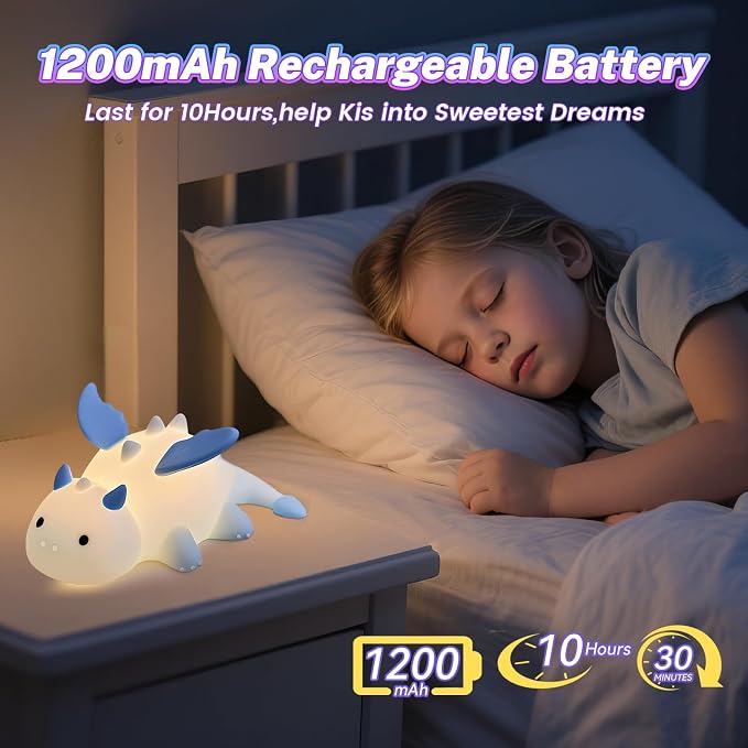 AVEKI Blue Dragon Night Light, Cute Baby Dragon Lamp Gifts for Kids Boys Girls, 10 Modes Dimmable Squishy Silicone Nursery Nightlight, Rechargeable Kids Lamp with Auto Off Timer