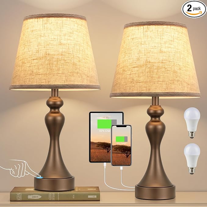 Touch Lamps for Nightstand, 3 Way Dimmable Bedside Lamps with USB C+A Ports | Touch Control, LED Bulb Included, Small Brown Table Lamp for Bedroom, Night Stands, End Table, Gift，Corded，Beige Shade