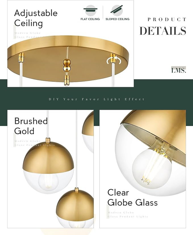 Brushed Gold 3-Light Cluster Pendant Lights, Modern Dining Room Light Fixtures Over Table with Clear Globe Glass, Adjustable Hanging Cord Ceiling Light for Dining Room Kitchen Island, LMS-186BGC3