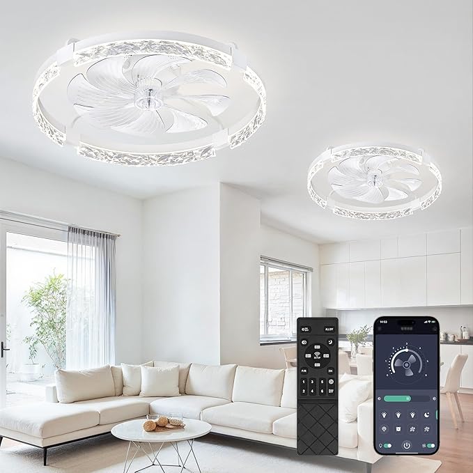 LEDIARY 2 Pack 24" Ceiling Fans with Lights and Remote, Fandelier White | 3CCT, 6 Speeds, Dimmable Low Profile, Flush Mount Ceiling Fan, Timer, Reversible, Memory, Bedroom, Living Room, Kitchen