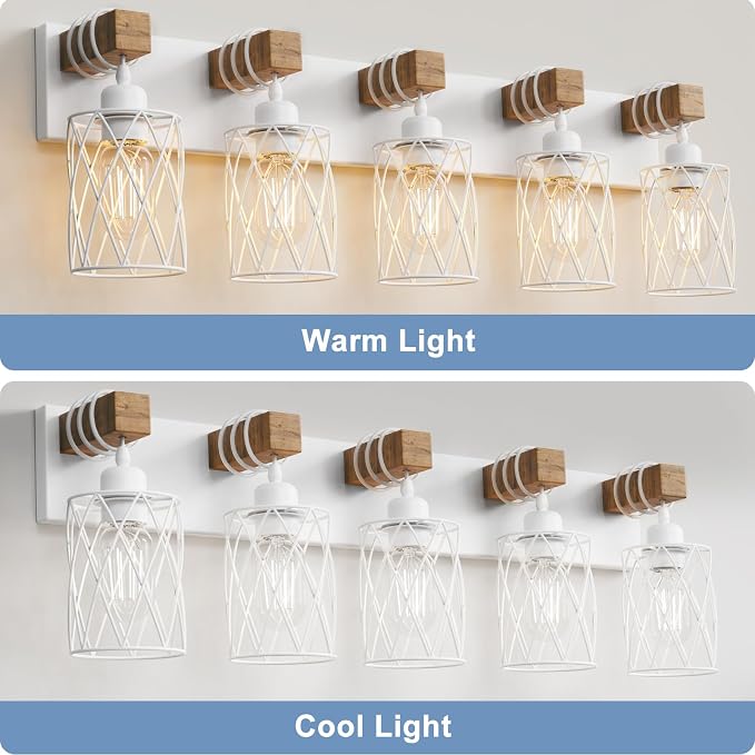 IZORRO Farmhouse Bathroom Vanity Light, 5-Light Wood Bathroom Light Fixtures Over Mirror, Matte White Industrial Vanity Lights with Metal Shade, Rustic Restroom Lighting Fixtures