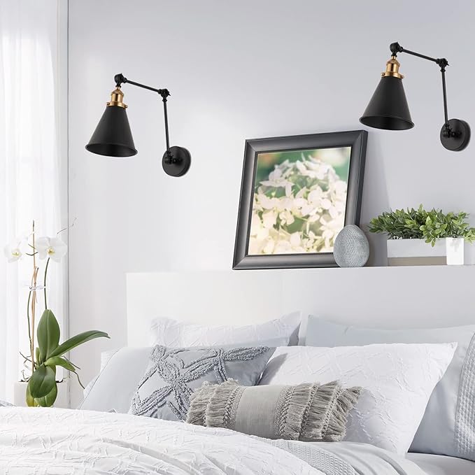 JONATHAN Y 7" Black/Brass Gold Classic Industrial Metal Adjustable Arm LED Wall Sconce for Bedside Reading, Farmhouse Swing Arm Wall Lamp with Metal Shade, Hardwired (JYL7462A-SET2)