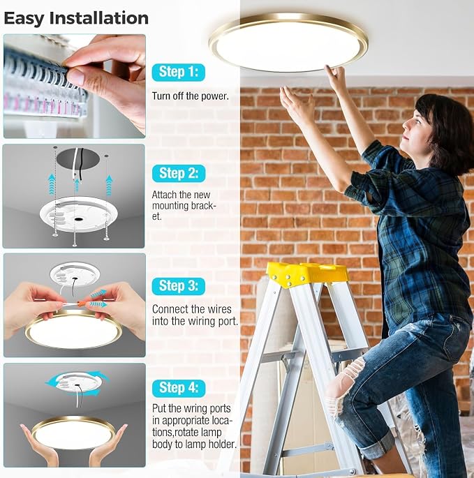 zemty 6Pack 6.5Inch LED Ceiling Lights Gold, 12W 1200lm Small Flush Mount Light Fixture, 3000K/ 4000K/ 6500K Round Flat Recessed Ceiling Lights for Kitchen, Closet, Hallway,Pantry