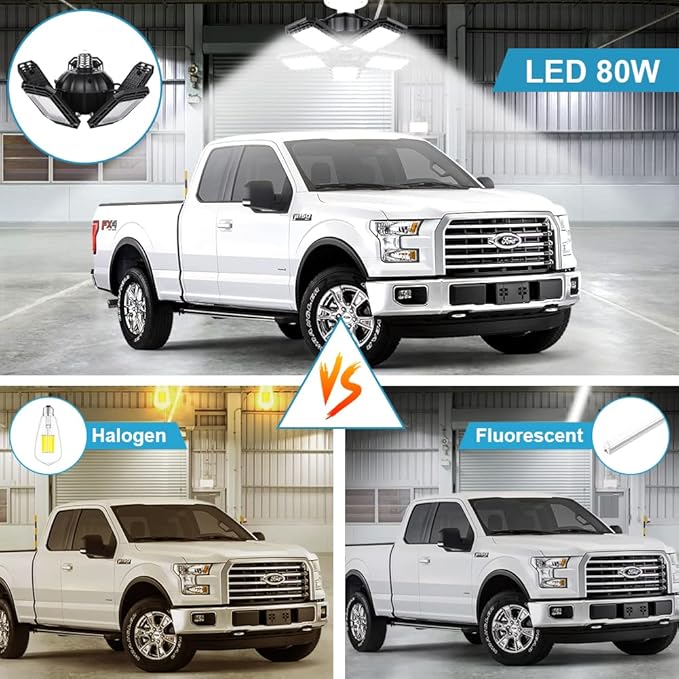 LED Garage Lights 4 Pack, Ceiling LED Shop Light 160W 16000LM 6500K Screw in Led Light with 5+1 Deformable Panels, Bright Led Lighting for Garage Workshop Basement Support E26/E27 Socket