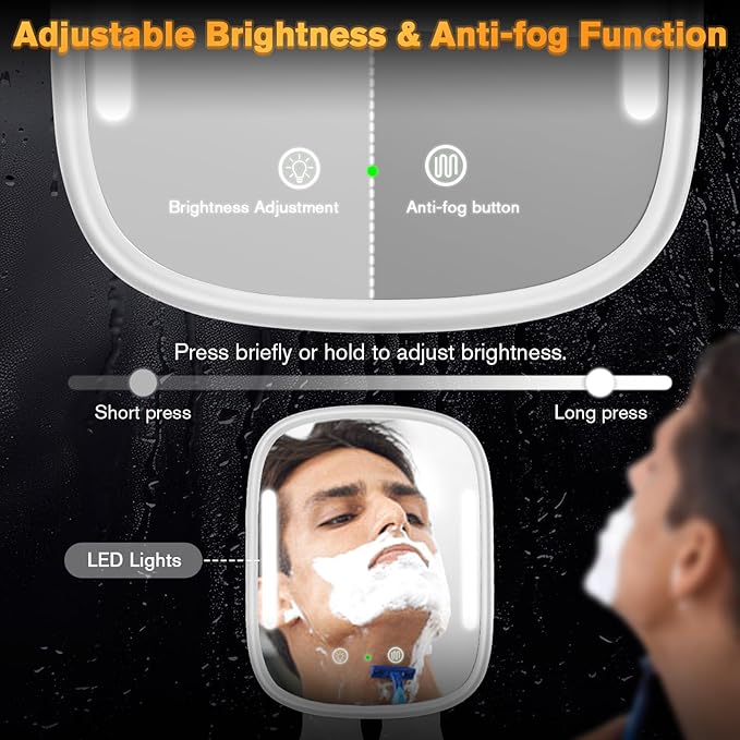 Heated Shower Mirror Fogless for Shaving with Light, Rechargeable Battery, Detachable Adhesive Hook & Razor Holder, NO-Drilling Waterproof Anti-Fog Mirror, Gift for Men(White)