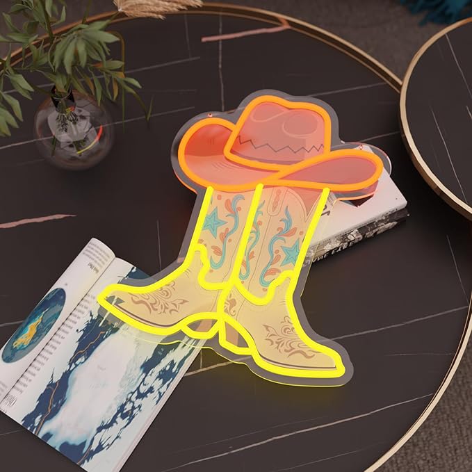 Cowboy Boot Neon Sign for Wall Decor Cowboy Hat Light Up Sign Dimmable Western Neon Sign for Game Room, Bedroom, Man Cave, Bar, Country Party Decor Rodeo Gifts for Birthday, Christmas