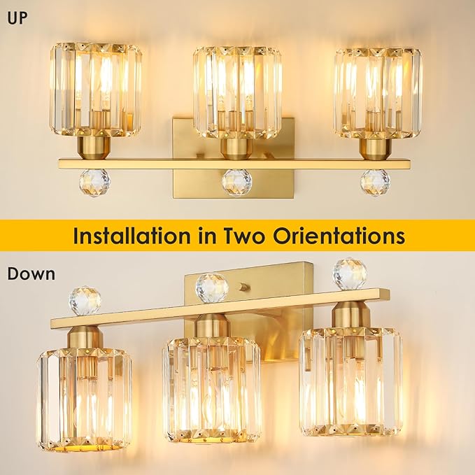 3-Light Gold Bathroom Light Fixtures,Modern Bathroom Vanity Lights Fixture with Clear Crystal Glass Shade, Modern Crystal 3 Lights Wall Sconce for Mirror Bedroom Living Room