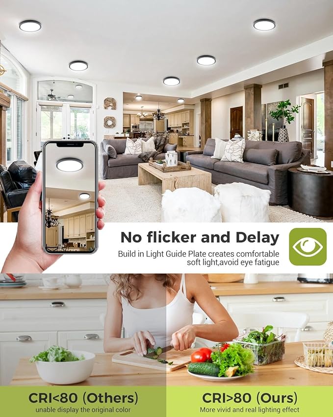 1PACK Flush Mount LED Ceiling Light Fixture Black, 20Inch 46Watt, Dimmable & 3000K-4500K-6000K 3 Color Selectable Ceiling Lamp 4600LM Low Profile Ceiling Light for Kitchen Bedroom Hallway Porch