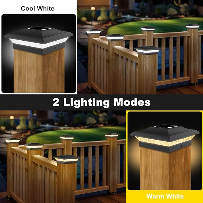 T-SUN 4x4 Fence Post Solar Lights Outdoor Waterproof - Auto Dusk to Dawn Solar Lighting for Deck, Vinyl/Wooden Posts | 12 Pack Weatherproof Warm & Cool White Patio Lights (Black)