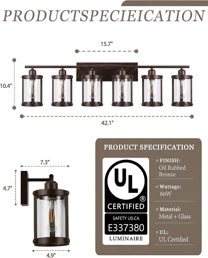 6-Light Oil Rubbed Bronze Bathroom Light Fixtures, 42 Inch Modern Bathroom Vanity Lighting Fixtures Over Mirror with Clear Glass and Metal Cage Wall Sconce Lights for Bath, OS-3014ORB-6W
