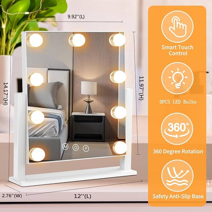 Dirket Vanity Mirror with Lights, Hollywood Lighted Makeup Mirror with 3 Color Lighting Modes and 9 Dimmable Bulbs, Detachable 5X Magnification, Smart Touch Control, 360°Rotation, White