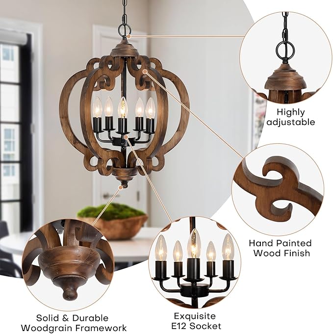 5-Light Rustic Farmhouse Chandelier, Wood Dining Room Light Fixture with Adjustable Chain, Easy Assembly for Kitchen Island, Bedroom, Entryway, Living Room