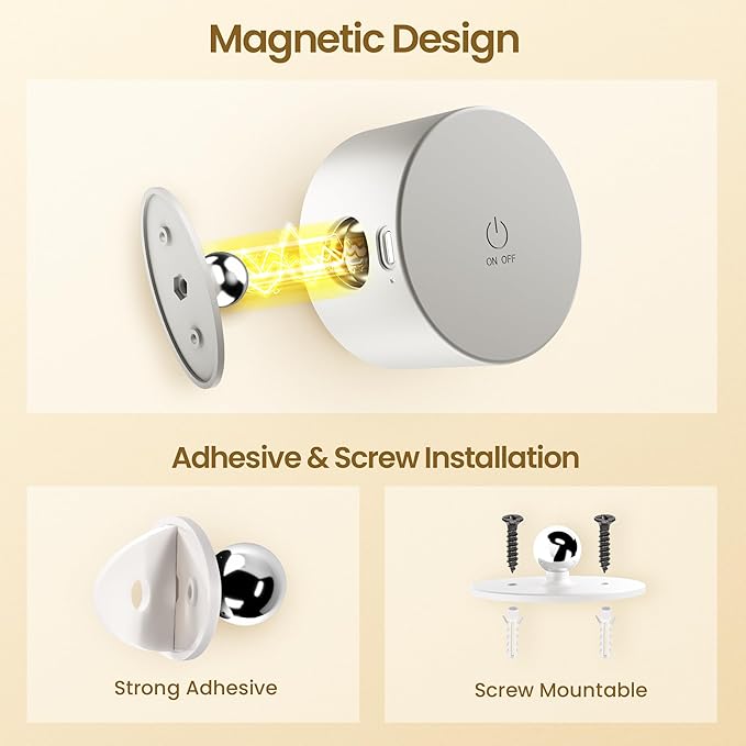 Wall Mounted Lamp LED Wall Lights with Rechargeable Battery Operated, 3 Color Temperatures & 3 Brightness Levels 360°Rotate Magnetic Ball, Cordless Sconces for Bedroom Reading Bedside,White-2 PACK
