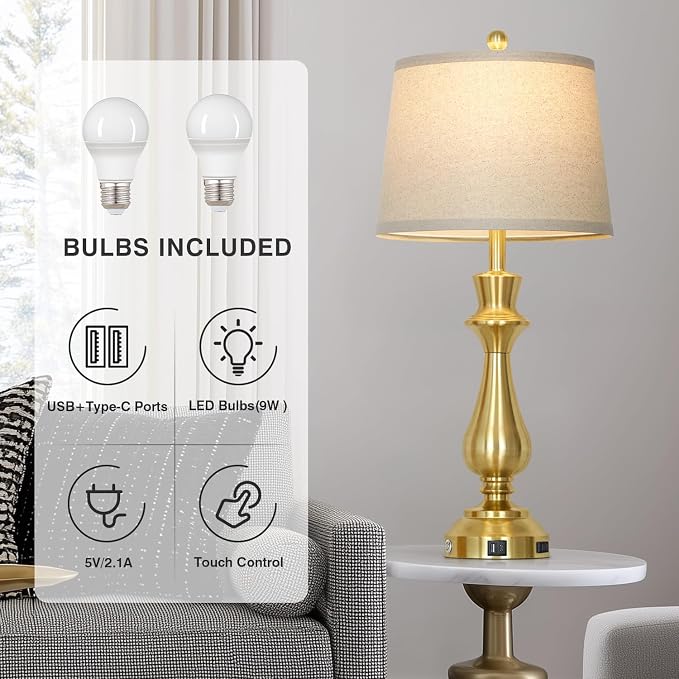 Modern Gold Table Lamps Set of 2 for Living Room,30" Tall Bedside Lamp with USB Charging Port,3-Way Dimmable Touch Nightstand Lamp for Bedroom Desk Side Table Office,Gold