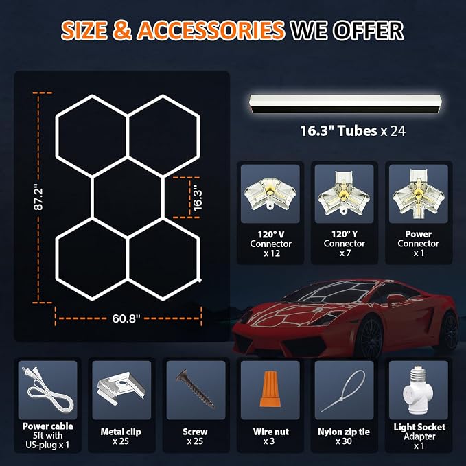 Black Hexagon Garage Lights 5 Hex, 6500K 20160 LM Super Bright Honeycomb LED Garage Ceiling Lights, Premium Car Detailing Lighting for Garage, Workshop, Gym, Barber Shop, Basement