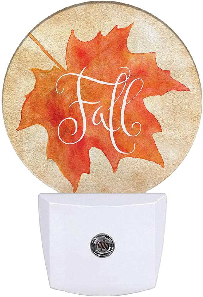 Fall Plug-in Nightlight Watercolor Autumn Maple Leaf Night Light Auto Dusk-to-Dawn Sensor LED Lighting for Bedroom Bathroom Kitchen Home Decor Orange