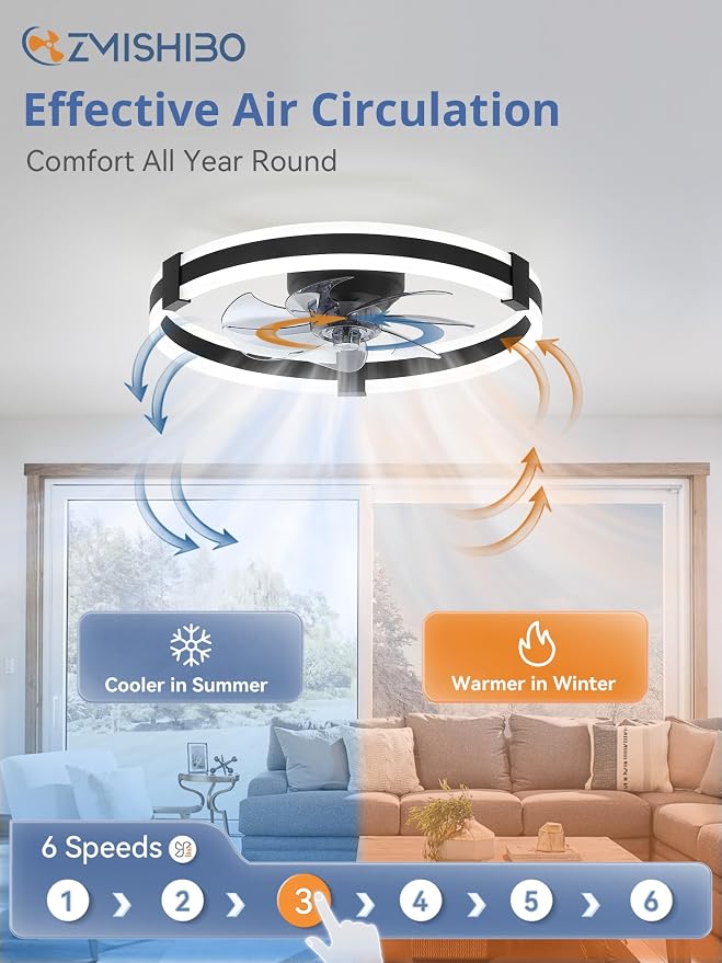 ZMISHIBO 23" Low Profile Fandelier LED Ceiling Fans with Lights and Remote | 3CCT Dimmable, 6 Speeds, Remote/App Control, Reversible DC Motor, Memory, Timer, Small Modern Fandelier for Kids/Bedroom