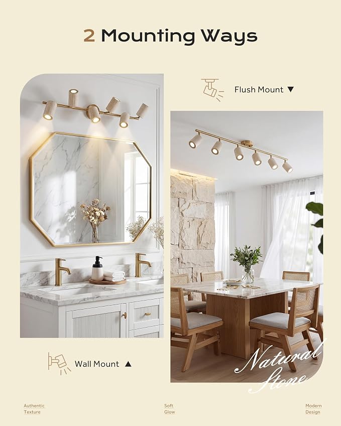 FEMILA Natural Stone Track Lighting Fixtures Ceiling, 3000K Bulbs Included, 43.7" Brushed Gold LED Track Light for Living Room, Kitchen, Dining Room, Bedroom, Rotatable Light Heads, 4FS107TL-5 BG-NS