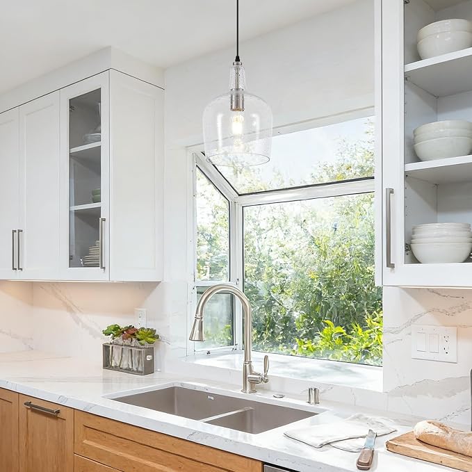 9” Brushed Nickel Seeded Glass Pendant Light Modern 1 Light Single Dome Pendent Lighting Fixtures for Kitchen Island Dining Room Hallway, UL Listed
