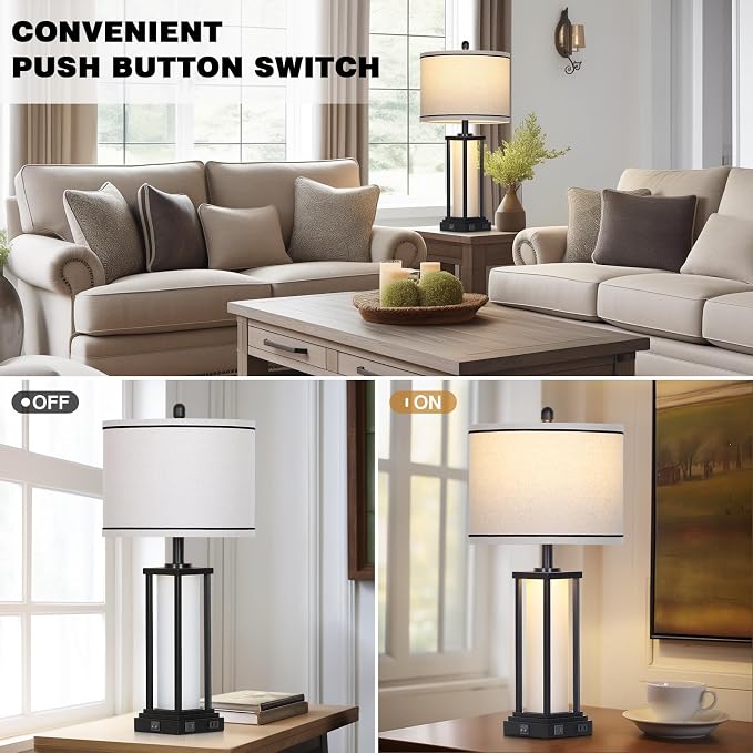 27" Tall Vintage Table Lamp with USB C+A & Outlet,Black Industrial End Table Lamp for Living Room,Farmhouse Rustic Bedside Lamp with Frosted Glass Night Light for Bedroom Nightstand,Black-1P