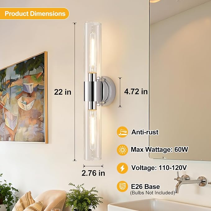 Wall Sconces Set of Two, Modern Bathroom Sconces Wall Lighting with & Clear Glass Glass, Chrome Sconces Wall Decor Set of 2 for Bathroom Mirror Bedroom Living Room Hallway
