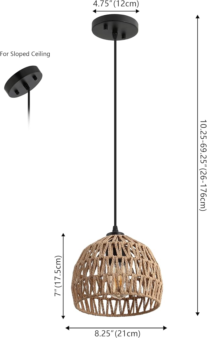 JONATHAN Y Campana 1-Light Pendant Dome Ceiling Lamp, 8.25", Brown | Modern Coastal Farmhouse Decor, Adjustable Height, Woven Rope Metal Frame, LED Bulb Included, UL Listed