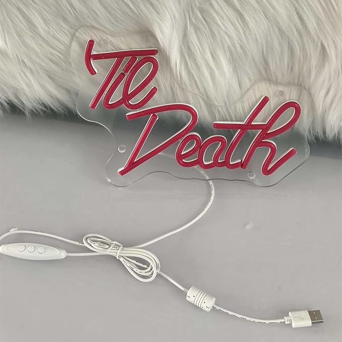 The death Neon Sign for Wall Decor, Red Dimmable USB Powered LED Neon Light Sign, Romantic Neon Wall Lights for Bedroom Wedding Engagement Bachelorette Party Aesthetic Room Decor, Unique Couple Gift for Bride Groom Anniversary Valentine’s Day