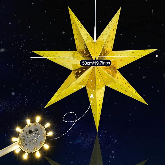 Mudder 19.7 Inch Christmas Star Paper Lantern 7 Pointed Christmas Window Lantern with 10 LED Light Strings Hanging Pendant Xmas Tree Ornaments for Holiday Decor Home(Trendy,Gold)