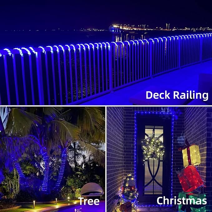YEGUO Solar Rope Lights Outdoor Waterproof, 2 Packs Each 33ft 100 LED String Lights, 8 Modes Fairy Lights in Clear Thin Tube for Camping Fence Patio Garden Trampoline Deck(Blue)