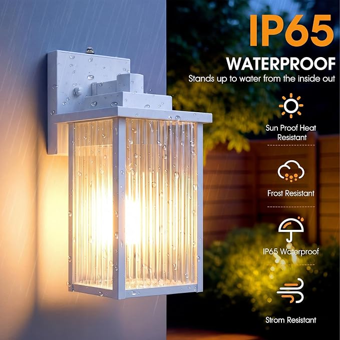 13" White Dusk to Dawn Outdoor Light, Exterior Light Fixture | Auto On and Off, Anti-Rust Metal Frame, Tempered Glass, E26 Socket, Easy DIY Install on Porch, Garage