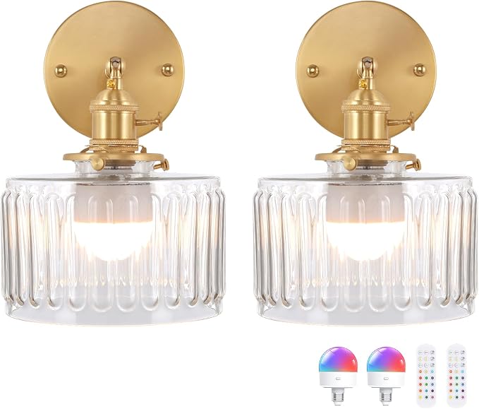 Shenmoyl Vintage Battery Operated Wall Sconce with Clear Striped Glass Lampshade 5000 mAh Rechargeable Battery Powered Wall Light with Remote Control for Bedside Bedroom Doorway, Set of 2