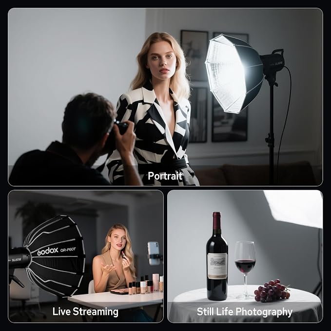 Godox SL60W LED Video Light, 60W 5600K Daylight LED Continuous Light SL-60W, Powerful Studio Bright Light with Bowens Mount 10-100% Brightness for Video Recording Wedding