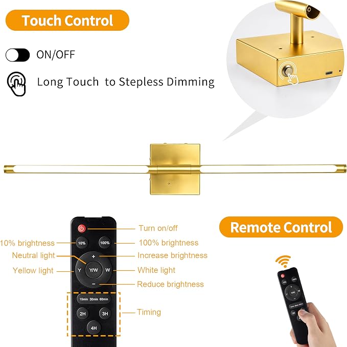 Morauroral Painted Gold Battery Operated Wall Sconce with Remote Control, Rechargeable Wall Sconces Set of 2, LED Wireless Wall Light, Modern Sconce Wall Decor for Bedroom, Living Room