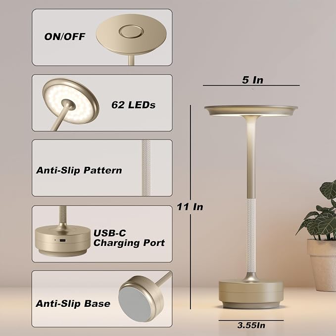 TBBGA 1 Pack Rechargeable Table Lamps Cordless, 5000mAh Outdoor Table Light | 3 Color Stepless Dimming Portable LED Table Lamp with Memory Function, for Home/Dinner/Patio/Restaurant.(Champagne Gold)