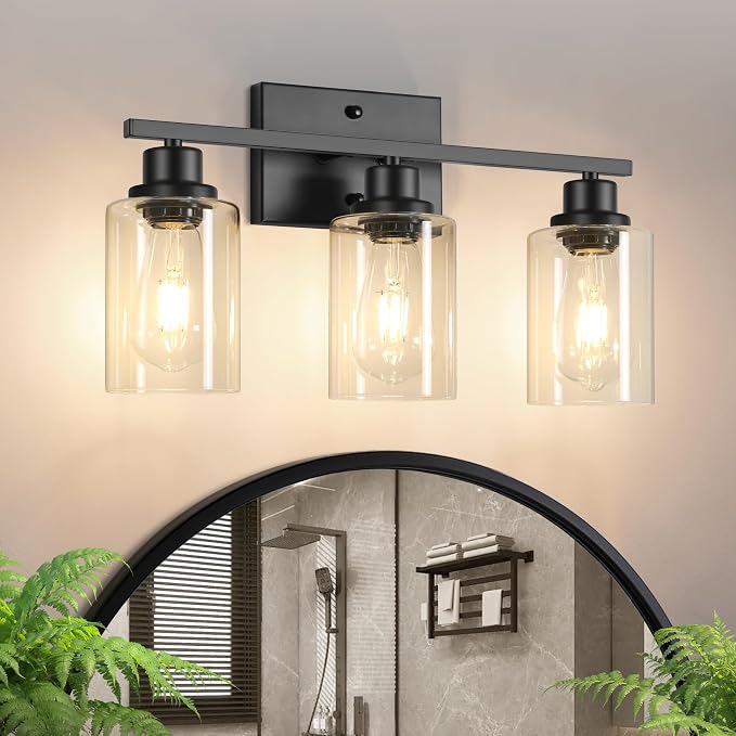Ascher Bathroom Light Fixtures, 3-Light Vanity Light Over Mirror, Matte Black Wall Sconces with Clear Glass Shades, Wall Lamp for Living Room Bedroom, E26 Base(Bulbs Not Included)