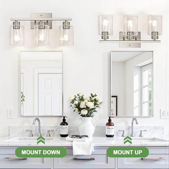 3-Light Bathroom Light Fixtures, Brushed Nickel Vanity Lights, Bathroom Lighting with Clear Glass Shade, Vanity Lighting fixtures for Mirror Kitchen Bedroom Hallway Living Room