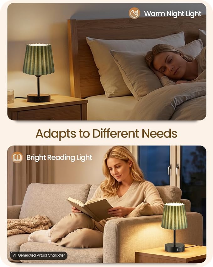 Small Bedside Table Lamp, Touch Dimmable Table Lamp with USB Ports, Nightstand Lamp with a Stepless Dimming LED Bulb, E26 Base, for Bedroom, Study, Desk, Black and Green J16TL05