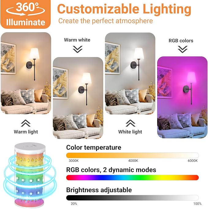 Peel and Stick Wall Sconces, Stick On Wall Sconce Set of 2, Battery Operated Wireless Adhesive Wall Lights, Corn Bulb with 10000mAh Battery, Easy Install for Bedroom Living Room Wall Decor