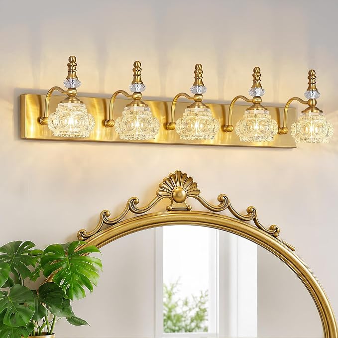Modern Glass Crystal Vanity Light - Vintage Bathroom Lighting Fixtures Over Mirror, 5 Light Vanity Lights G9 Bulb (35.43 Inch, Gold)