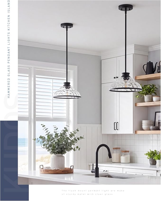 kudos 11 Inch Black Pendant Lights with Clear Hammered Glass, KDPL14-BK-H | E26 Bulb Base, Hardwired, Farmhouse Styling, Adjustable Hanging Rods for Flat or Sloped Ceilings, for Kitchen Bars
