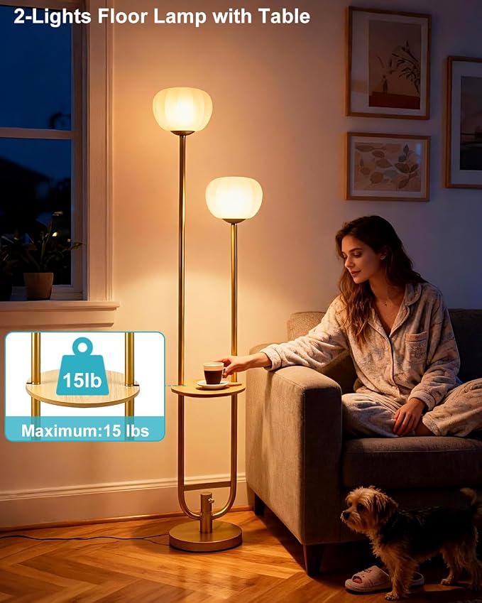 Lightdot 63IN Gold Floor Lamp Dimmable Standing Lamps with Tray Pumpkin Bulbs Included Unique U-Pole Mid Century Modern Tall Lamp with 5Lbs Heavy Base for Living Room/Party/Sofa Beside/Corner Decor