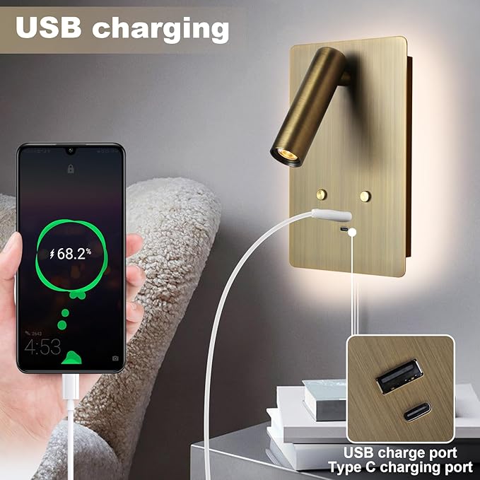 ZEROUNO Wall Mounted Reading Light,Dimmable Plug in Wall Sconce with USB A+C Ports,Touch Control Indoor LED Wall Lighting for Bedroom Bedside 3000K